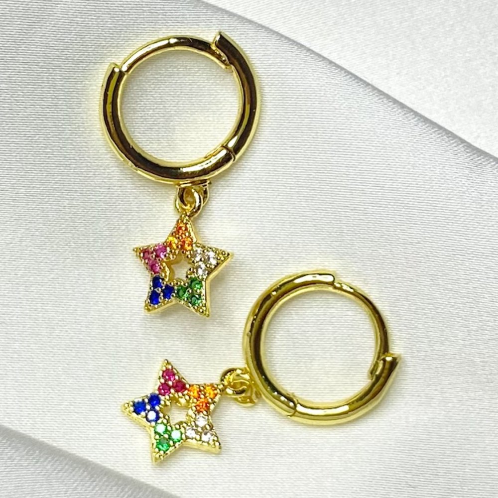 Colorful Diamond Star Hoop Earrings - Astrology Celestial Jewelry